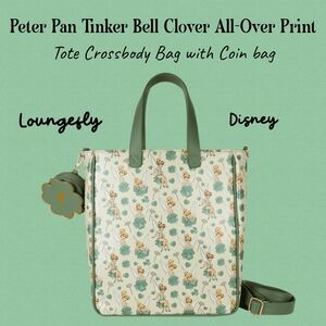 LOUNGEFLY Peter Pan Tinker Bell Clover All-Over Print Tote Crossbody w/ Coin Bag